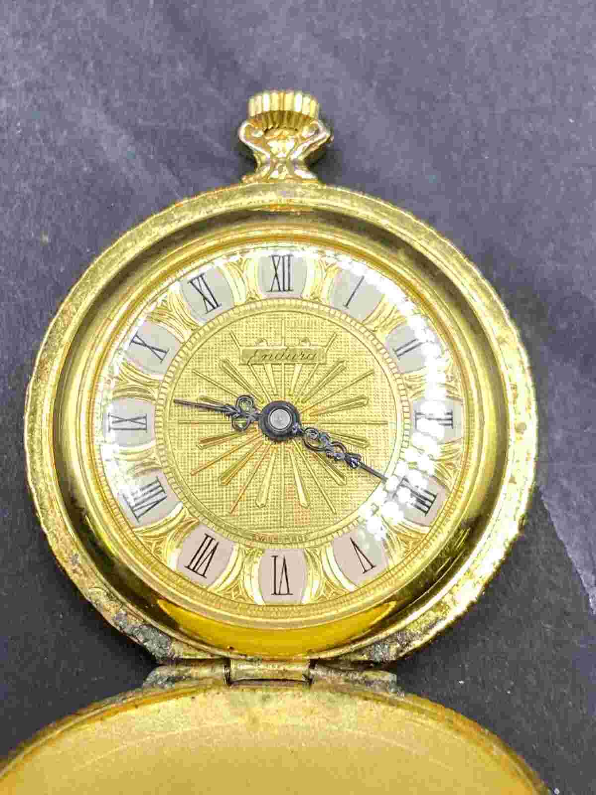 Endura Time Corporation Dynasty Swiss 1 Jewel Ladies Pocket Watch Gold Tone