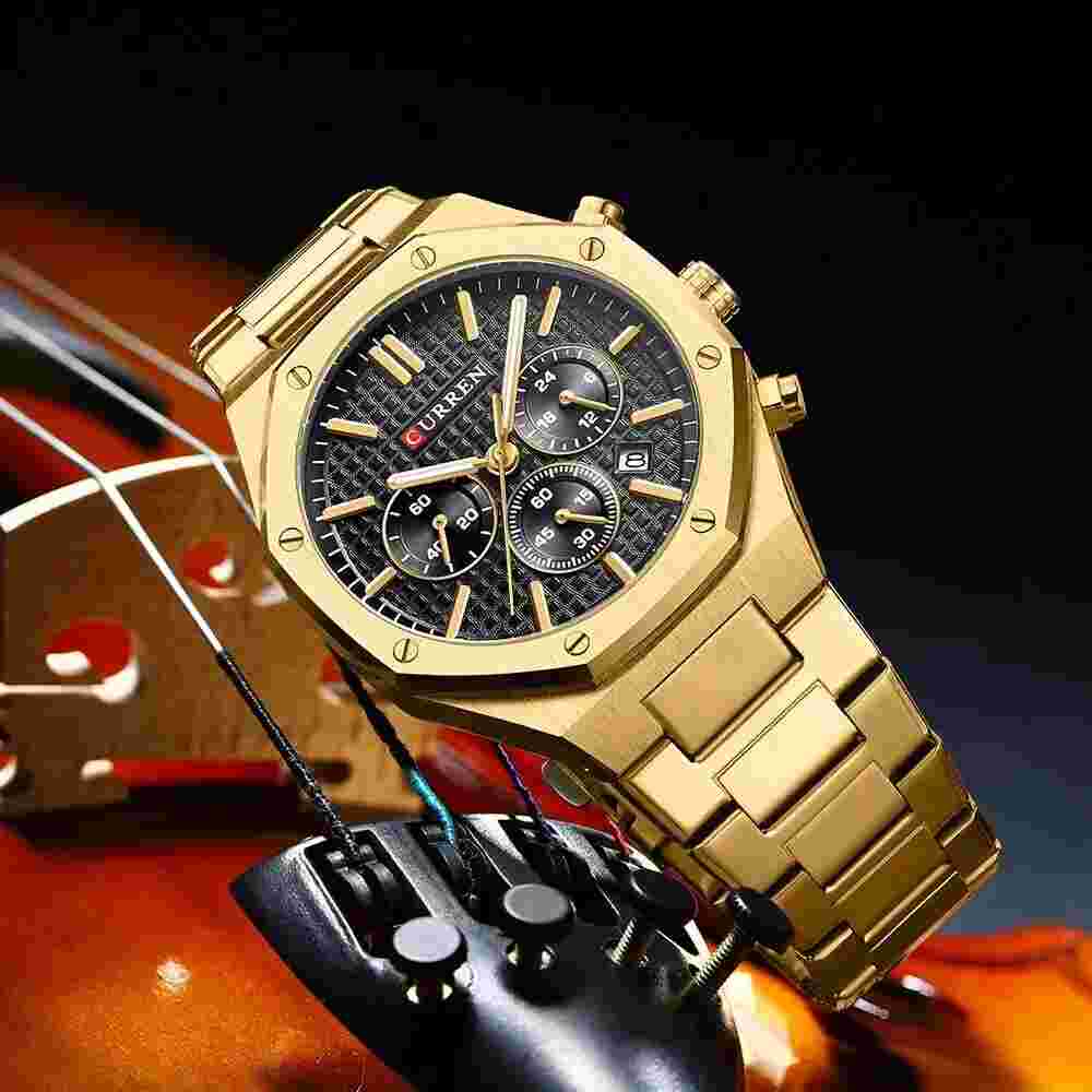 Faux Gold AP Style Stainless Steel Watch  -w- Chronograph and Date.