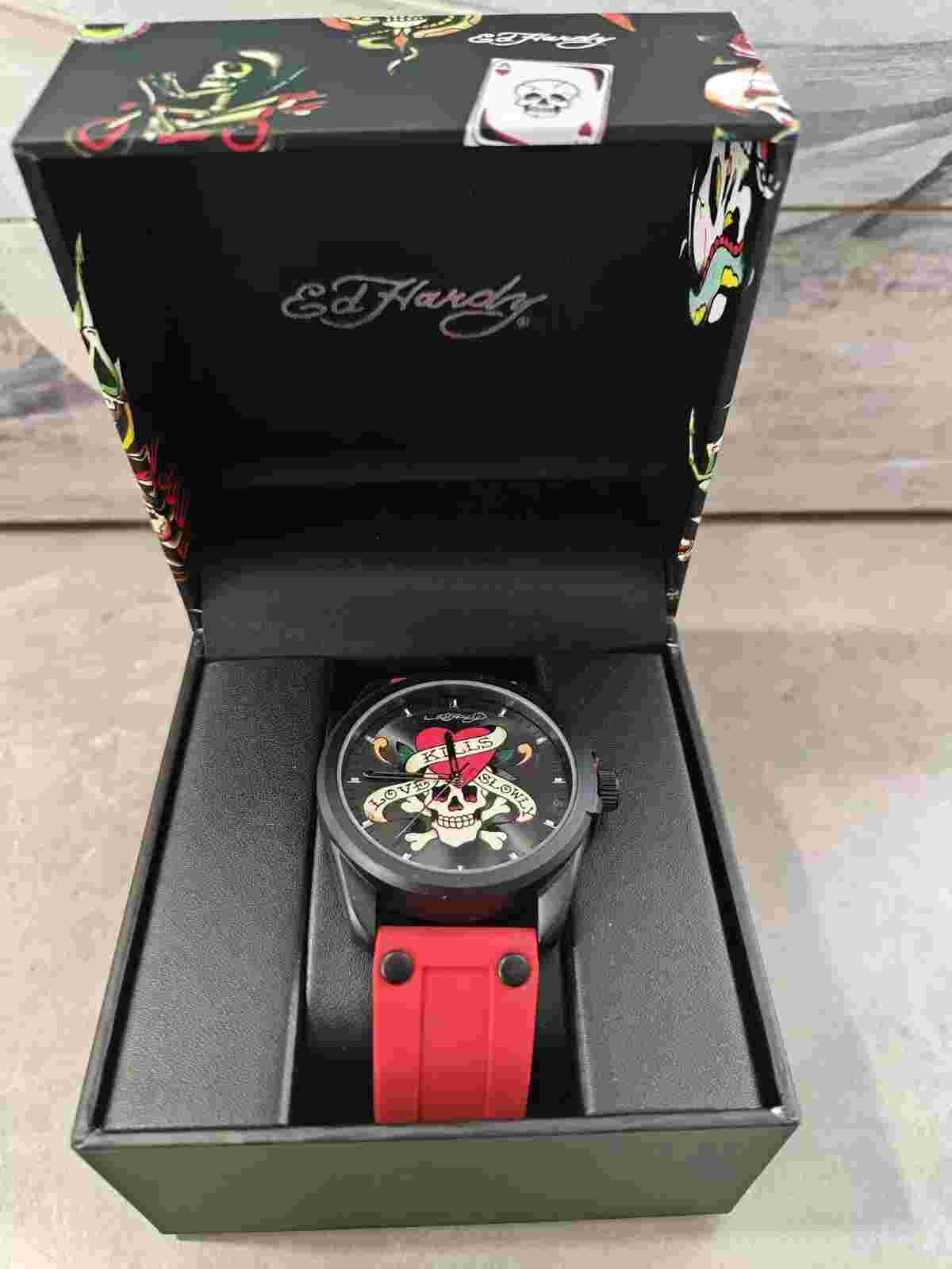 ED HARDY BLACK SKULL LOVE KILLS SLOWLY RED SILICONE BAND WATCH MEN'S - NIB