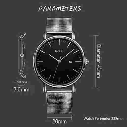 BUREI Men's Fashion Minimalist Wrist Watch Analog Date Stainless Steel Mesh Band