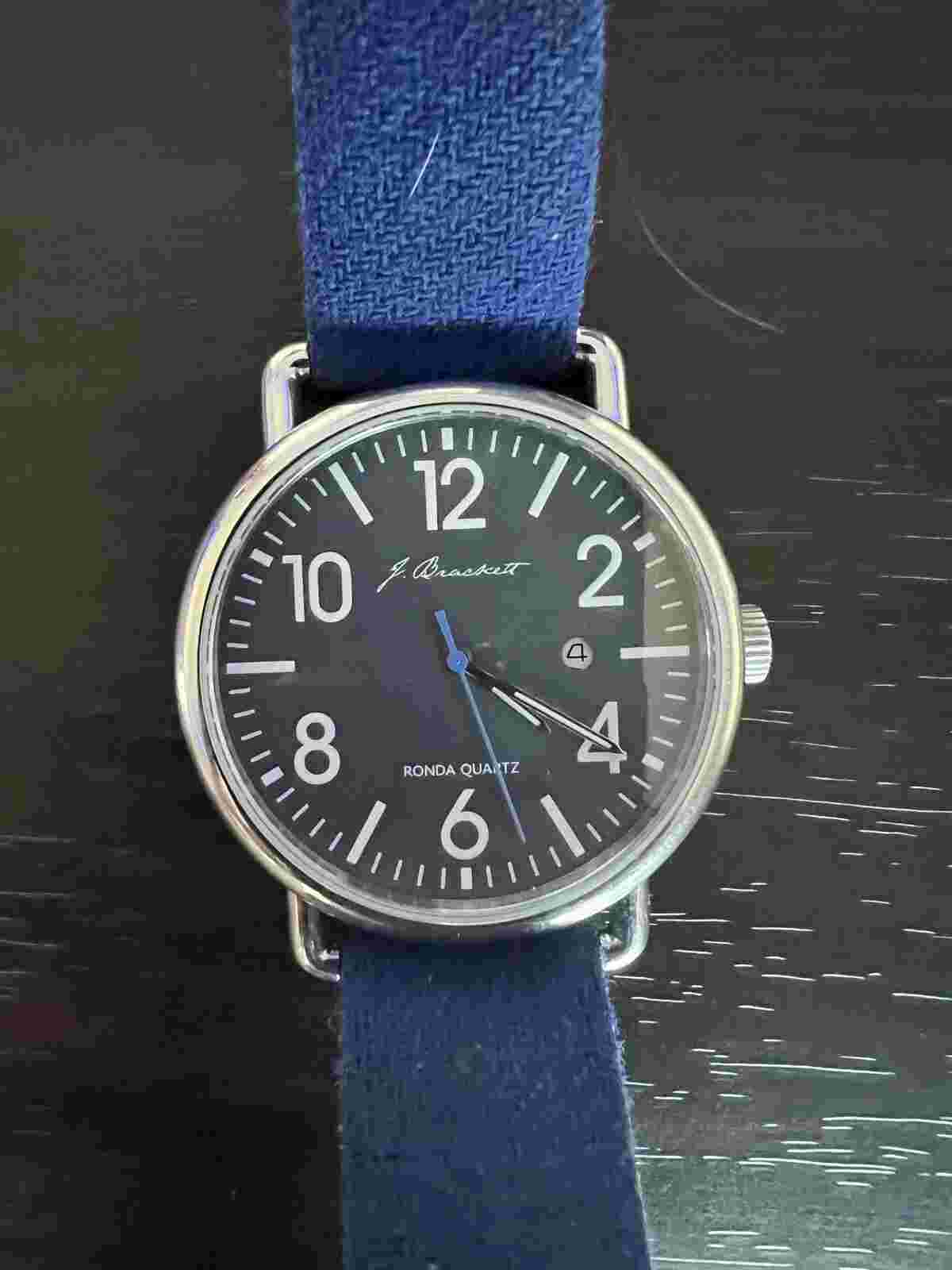 J. Brackett Camden 42 mm SS Case Gray Dial Swiss Ronda Movement Blue Wool Strap