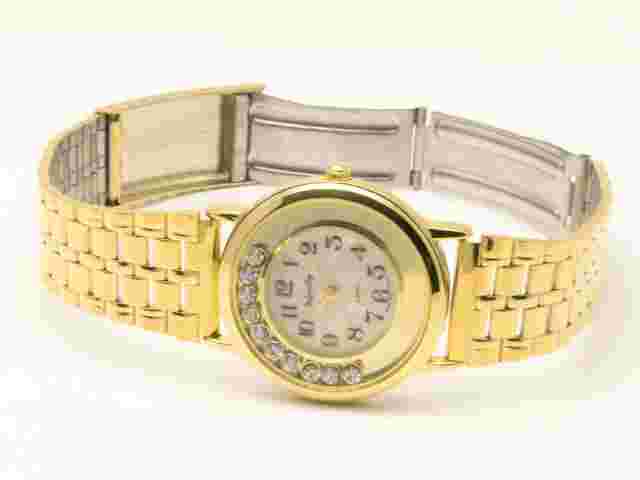 INFINITY:WOMENS GOLD TONE METAL BAND FLOATING STONES CASE, ANALOG QUARTZ WATCH