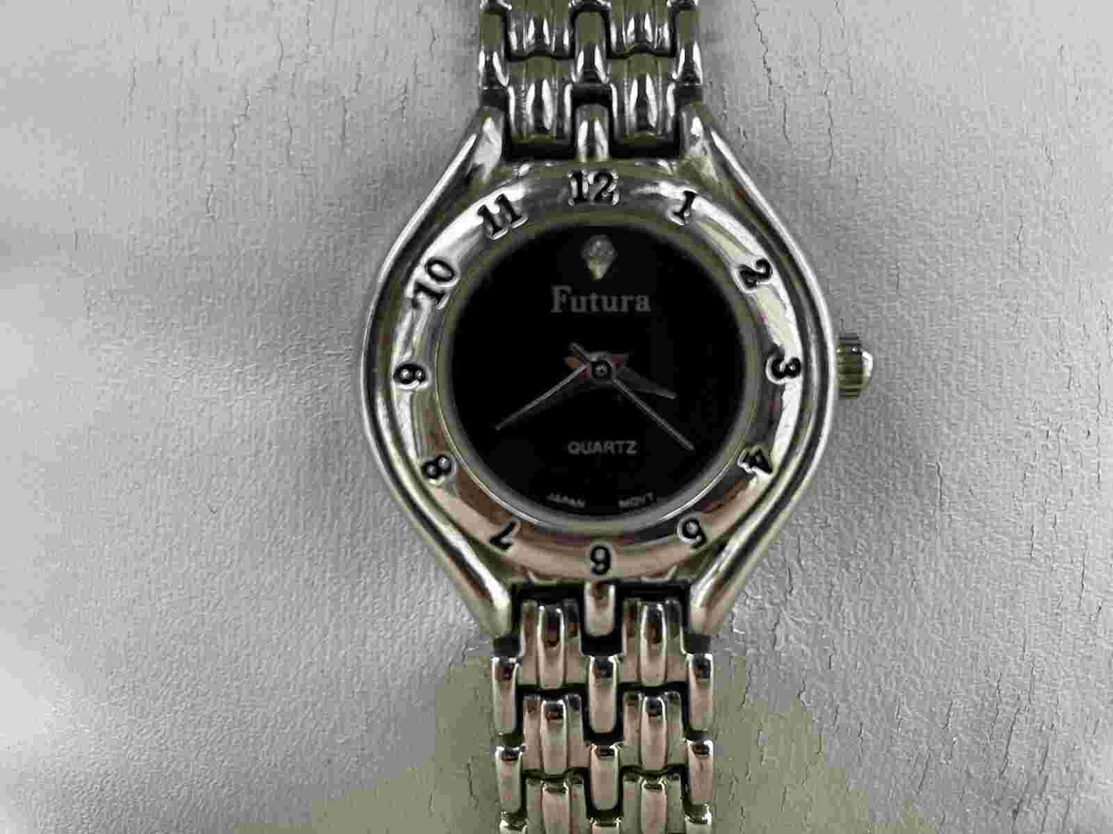 Future Vintage Watch Silver Tone Band Black Face Wristwatch Quartz Analog Watch