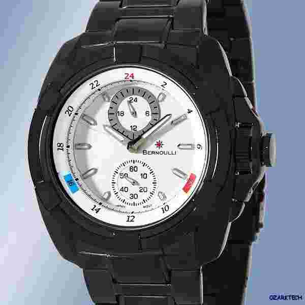 BERNOULLI  multifunction Black IP Watch  w/ 60 second & 24 hour white sub dials