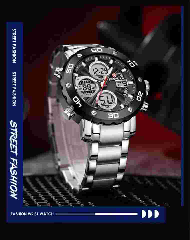 BANGWEI Men Sport Watches Silver Steel Military Wristwatch Big Boy Digital Watch