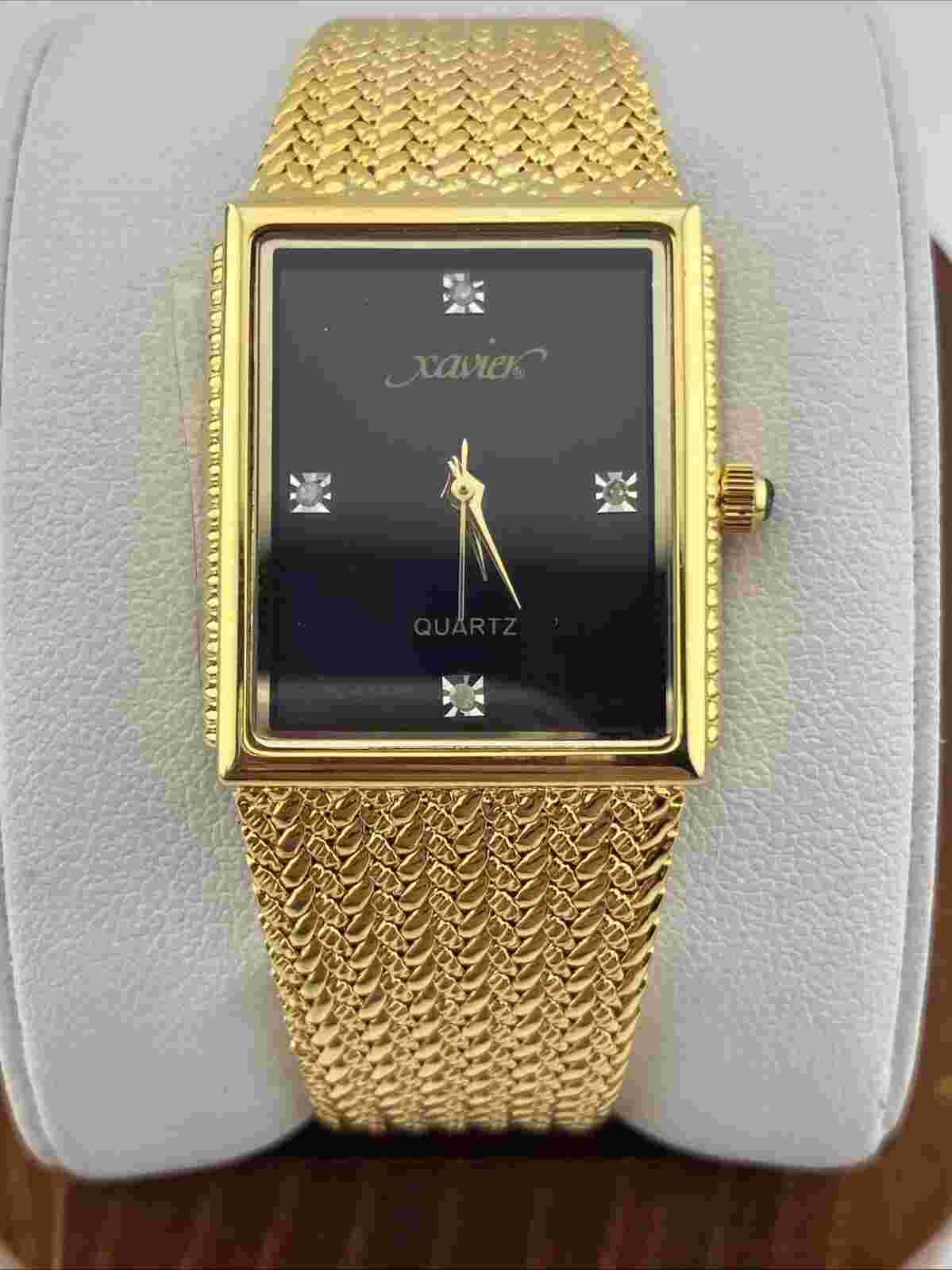 Vtg Xavier Ladies 26mm Watch Gold Tone Black Tank Dial Genuine Diamonds - RUNS