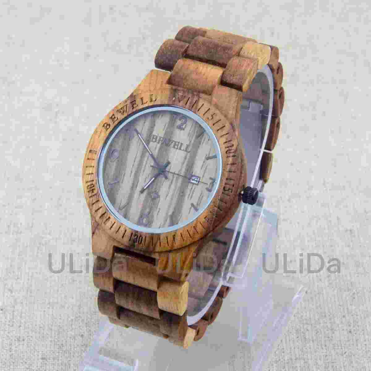 BEWELL Natural Maple Sandalwood African Zebra Wooden /w Calendar Men Women Watch