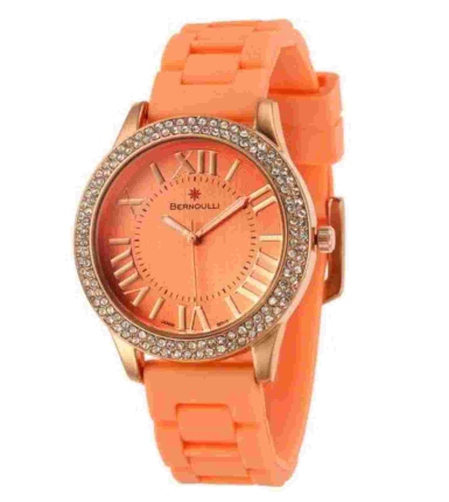 NEW Bernoulli 9799 Women's Lyssa Rose Gold Case Peach Silicone Watch swarovski