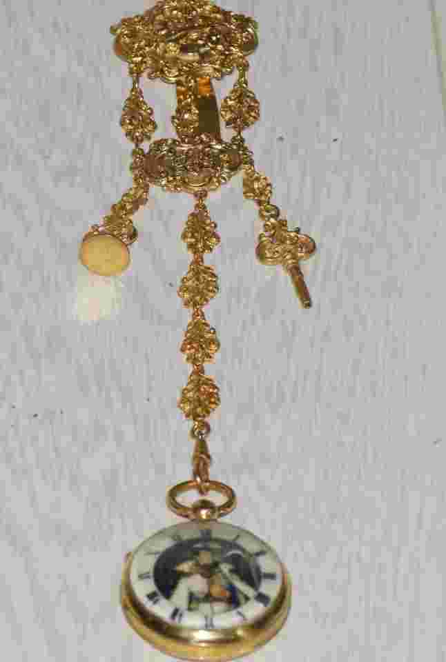 Antique Pocket Watch-Napoleon I Era Verge Fusee Gilt Enamel Precious Stones Case