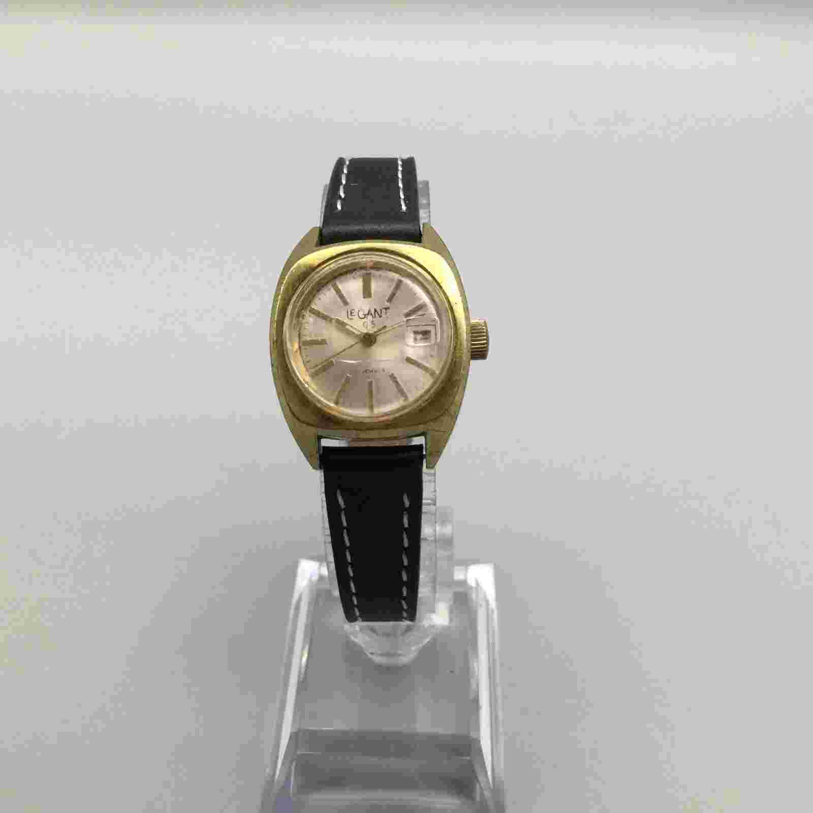 Vtg Le Gant Q5 Watch Women Silver Gold Tone 17 Jewels Date Leather Manual Wind