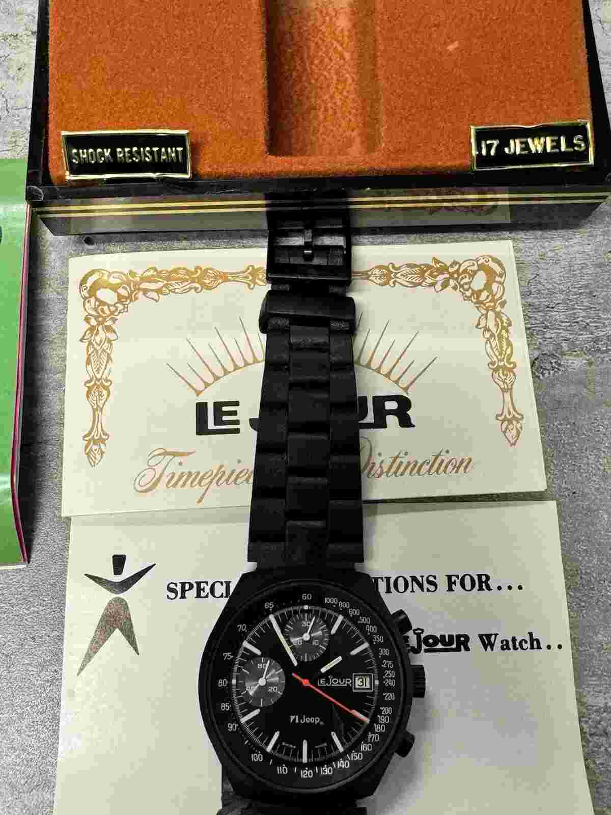 Vintage LeJour JEEP NOS Chronograph Watch, 1980's Watch, Box & Papers, Serviced