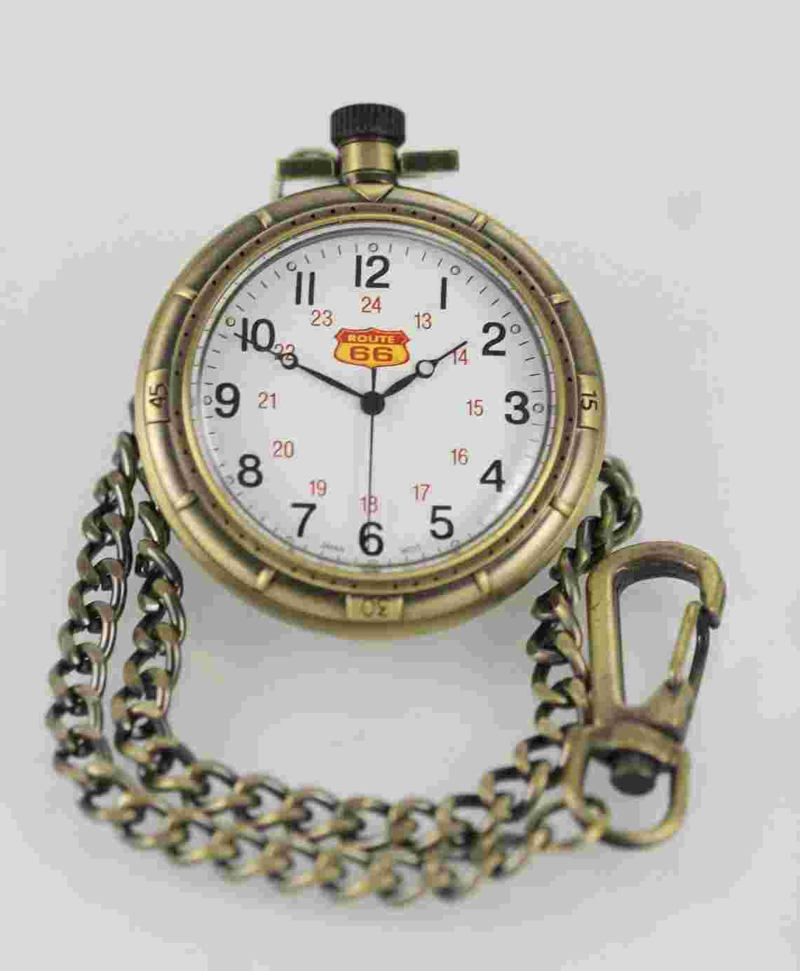 Route 66 White Mens Stainless Steel Gold 24hr Easy Read Battery Pocket Watch