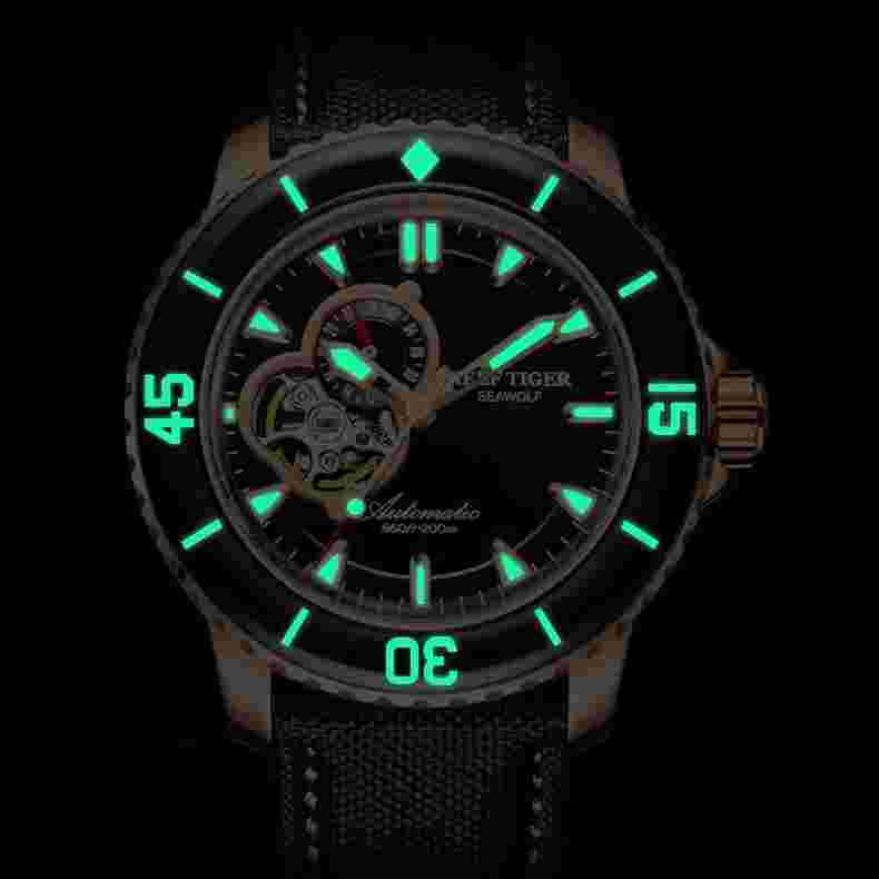 Reef Tiger Mens LuxuryWatches Skeleton Automatic Wristwatch 20Bar Sapphire Bezel