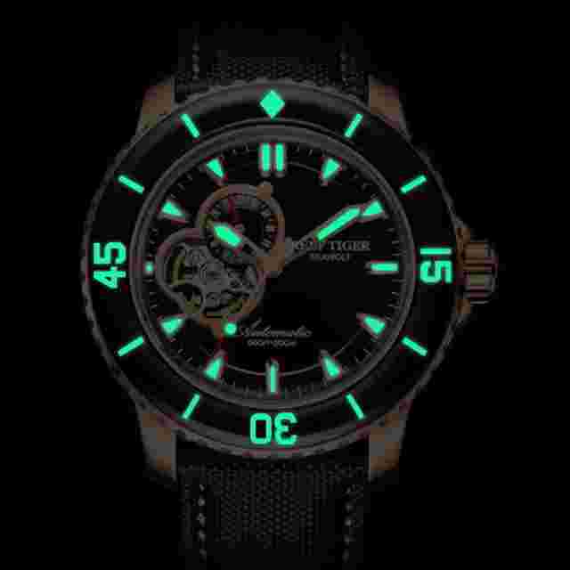 Reef Tiger Mens LuxuryWatches Skeleton Automatic Wristwatch 20Bar Sapphire Bezel