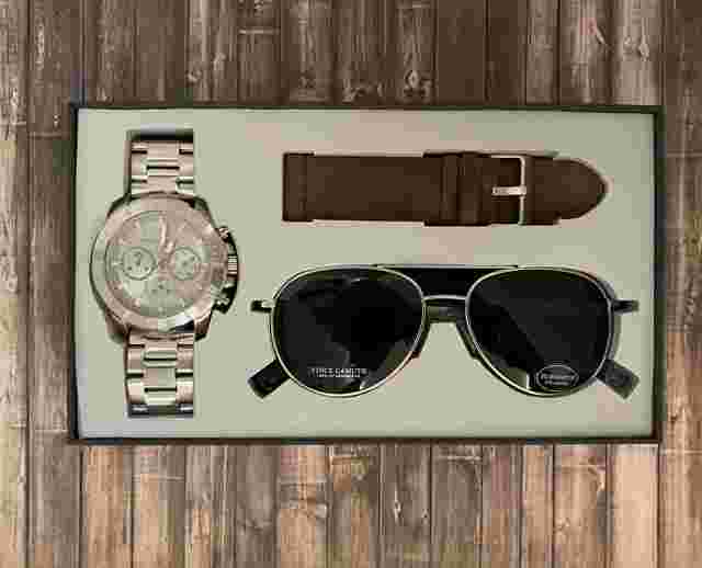 Vince Camuto Chronograph Stainless Steel Men's Watch Sunglass Set Vc/1147gysvst