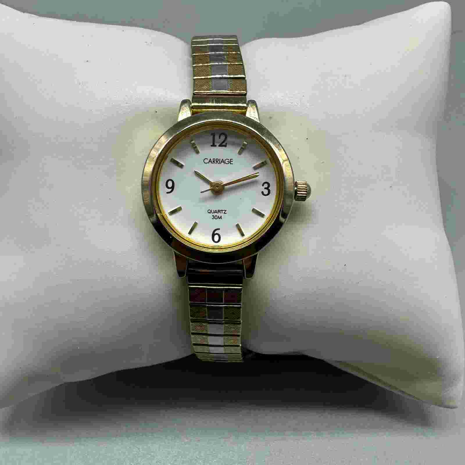 Carriage Watch Women Gold Silver Two Tone Small Dial Stretch Band Works 6.25"
