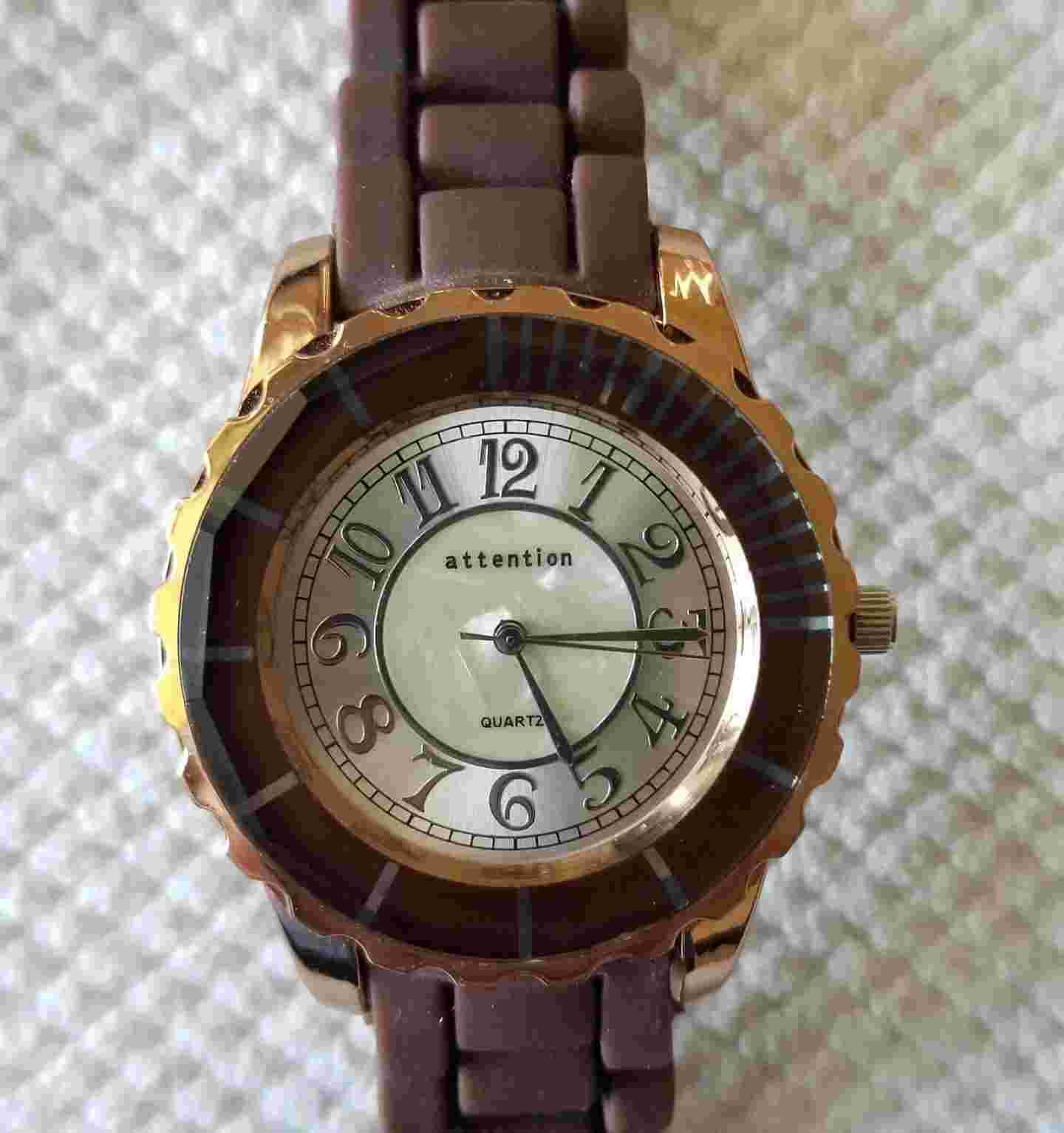 Attention Rose Gold Tone Watch MOP Dial Brown Rubber Band 6"-8" New Battery