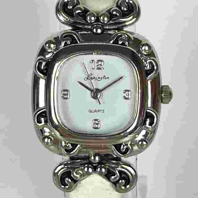 Lexington Watch Women Silver Tone 24mm White Leather Square New Battery 8.75"