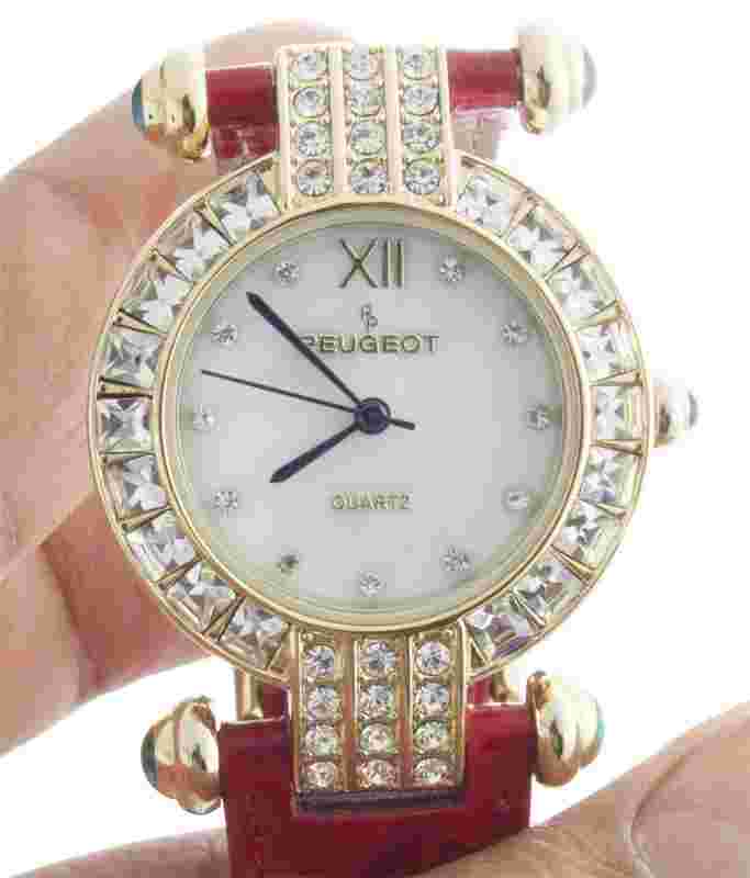 Unused Peugeot Womens 3140G Crystal Accented Case MOP Dial 2 Leather Strap Watch