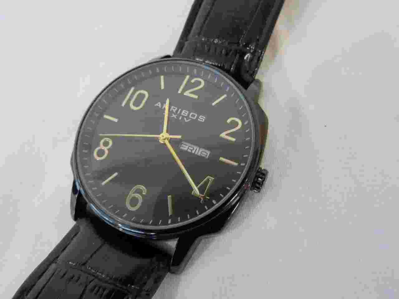 Men's Akribos BLACK Stainless Watch Leather Band Day/Date 45mm NWOT