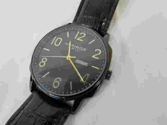 Men's Akribos BLACK Stainless Watch Leather Band Day/Date 45mm NWOT
