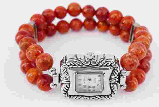 LEE SANDS SOUTHWESTERN ETHNiC MOP SiLVER RED CORAL BEADED STRETCH BRACELET WATCH
