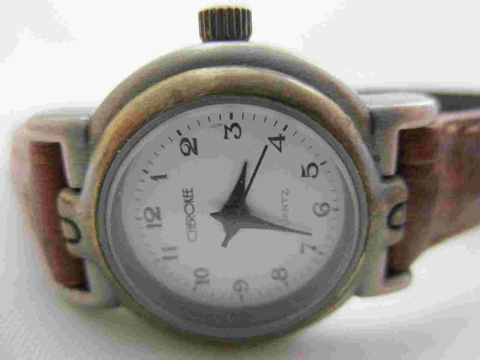 Cherokee Analog Wristwatch Brown Buckle Band Silver Tone Round White Face