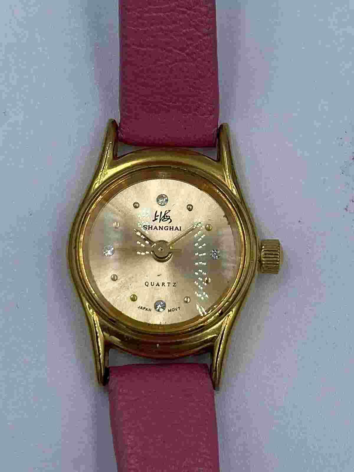 Vintage Shanghai Watch Pink Leather Strap Ladies 4 Diamonds 1 Jewel