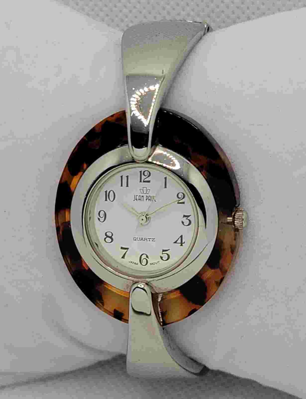 Ladies Jean Paul Elegant Silver Tone Brown Bezel White Dial Bangle Watch K9