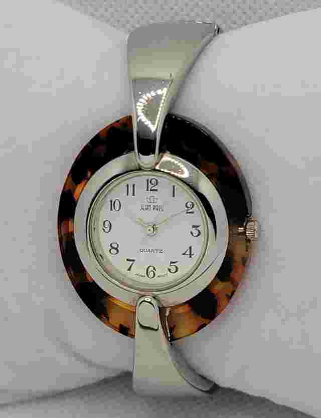 Ladies Jean Paul Elegant Silver Tone Brown Bezel White Dial Bangle Watch K9