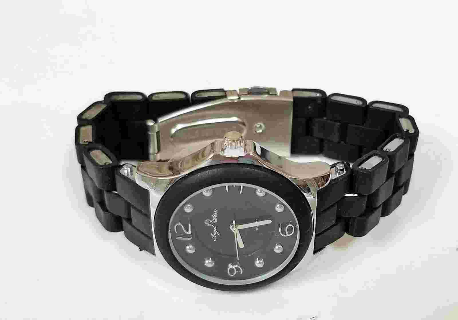 NEW ANGEL STAR SILVER TONE+BLACK SILICONE WRAPPED WATCH