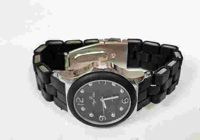 NEW ANGEL STAR SILVER TONE+BLACK SILICONE WRAPPED WATCH