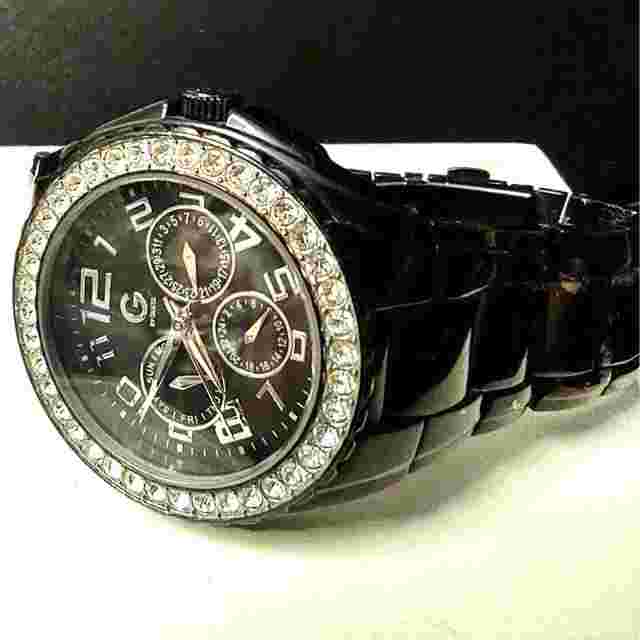 Guess Large Black Chronograph Wrist Watch Rhinestones