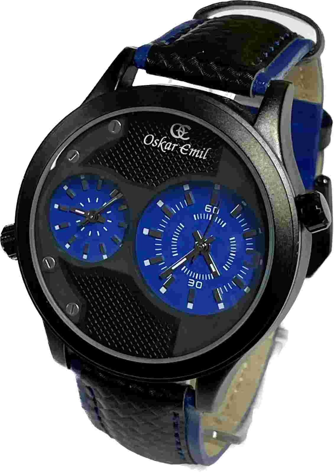 Oskar Emil Classic DUO Dual Time Twin Dial Quality Watch Black & Blue Leather