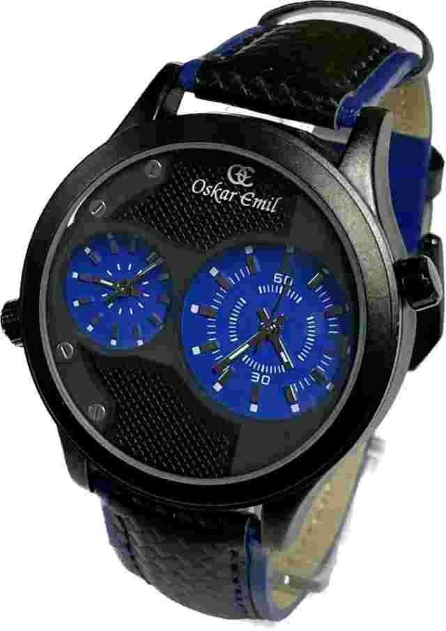 Oskar Emil Classic DUO Dual Time Twin Dial Quality Watch Black & Blue Leather