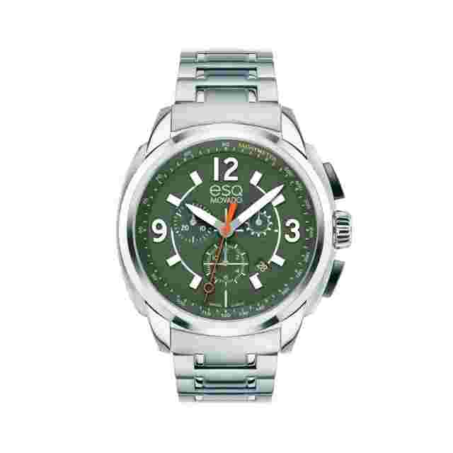 NEW ESQ MOVADO SILVER TONE S/STEEL GREEN DIAL CHRONO DATE SWISS WATCH 07301416