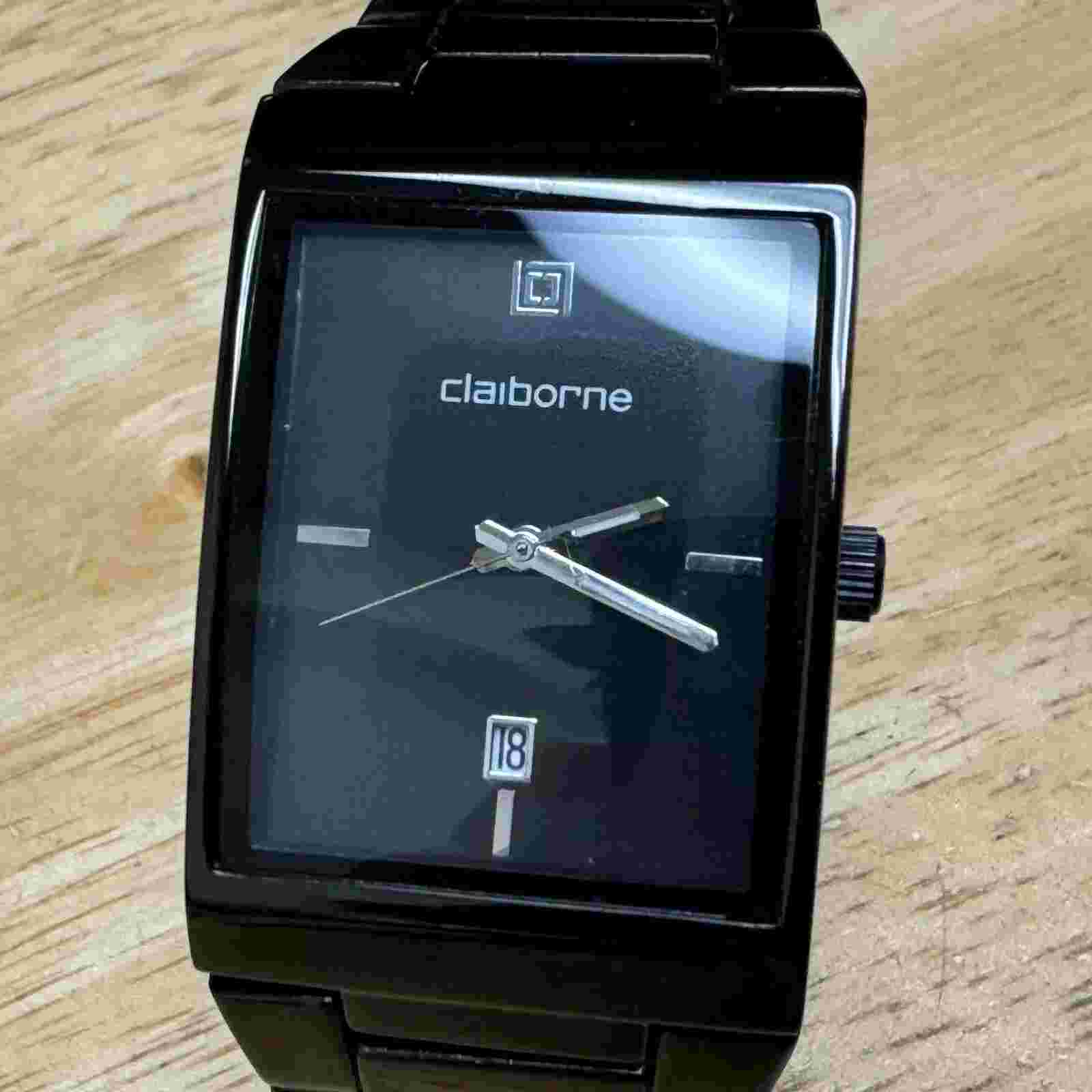 Claiborne Quartz Watch CLM1039 Men All Black Rectangle Date Analog New Battery