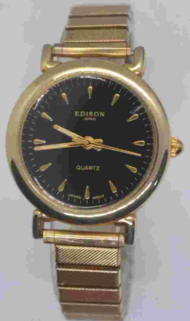 Edison 32mm Watch Black sunburst dial gold tone New battery Japan movement