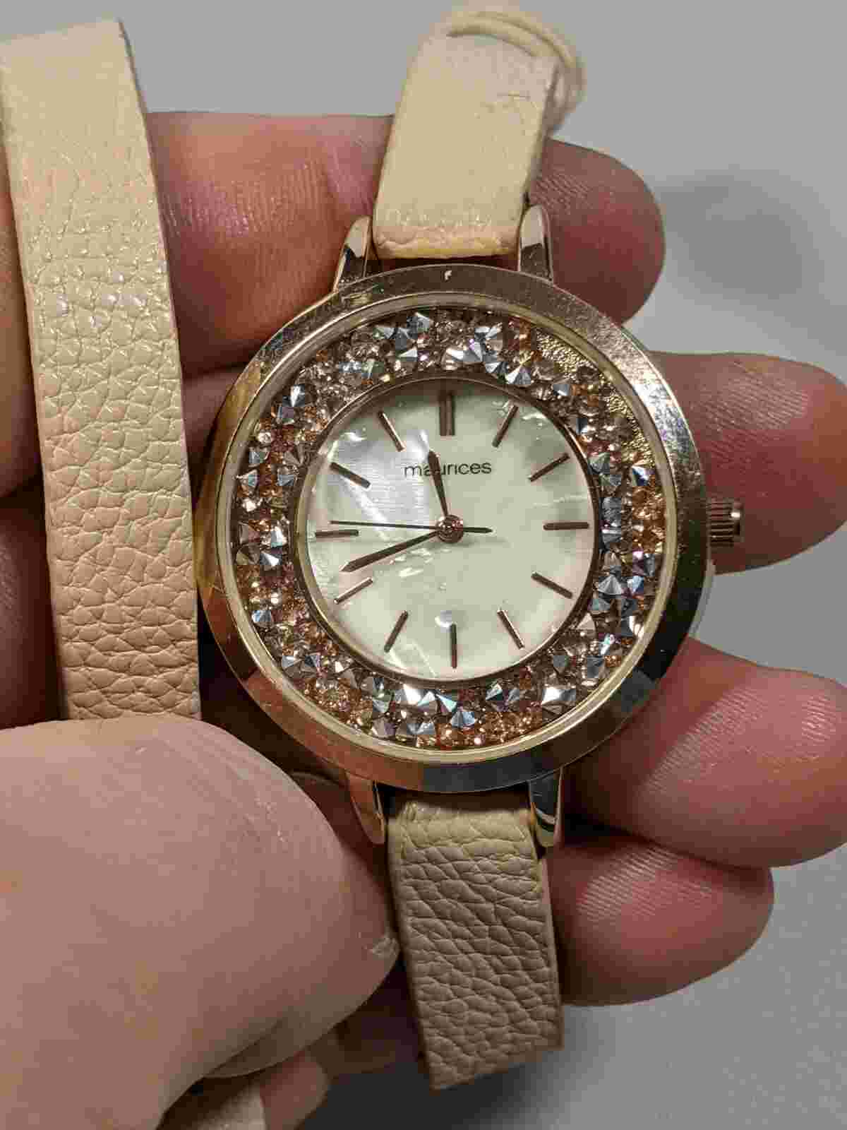 Maurices Gold Tone Round Pearlized Face Beige Faux Leather Wrap Band Watch 16 In