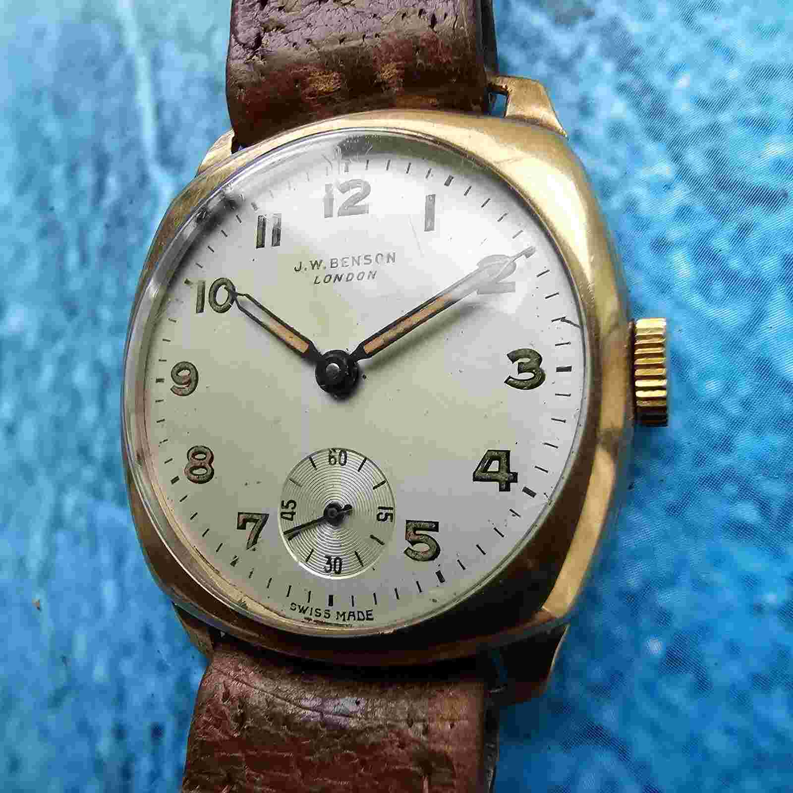 Vintage 9k Solid Gold J W Benson Cushion Hand-Winding Men's Watch 9ct