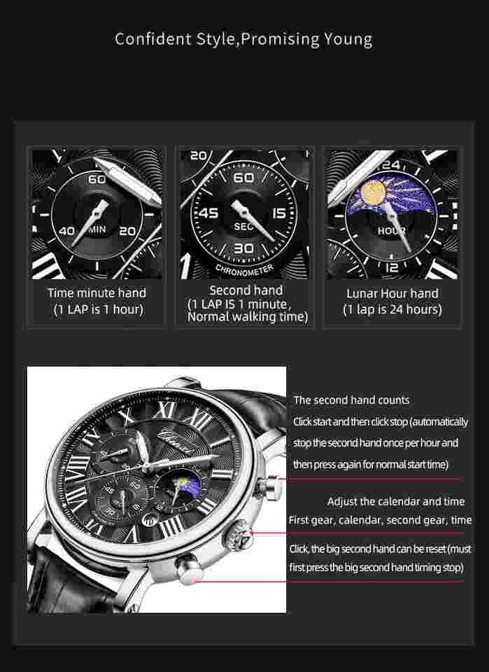 CHENXI Men Fashion Roman Calendar Luminous 3-Eyes Leather Quartz Wrist Watches