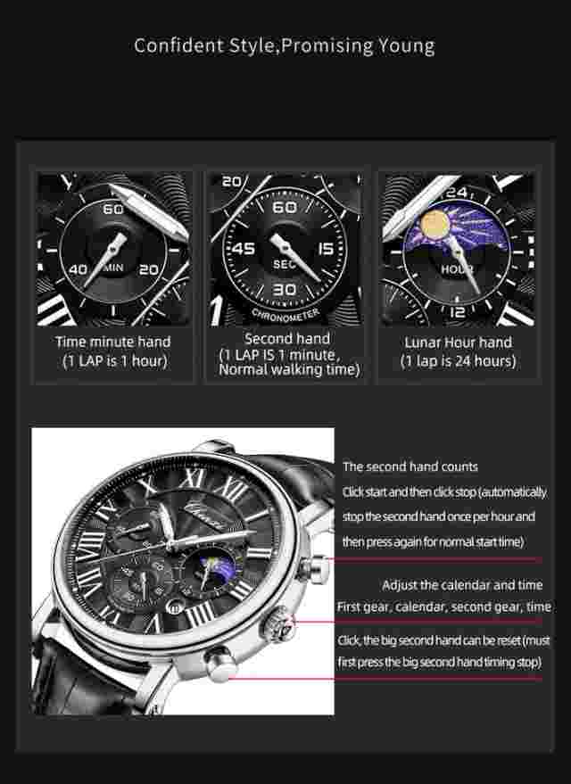 CHENXI Men Fashion Roman Calendar Luminous 3-Eyes Leather Quartz Wrist Watches