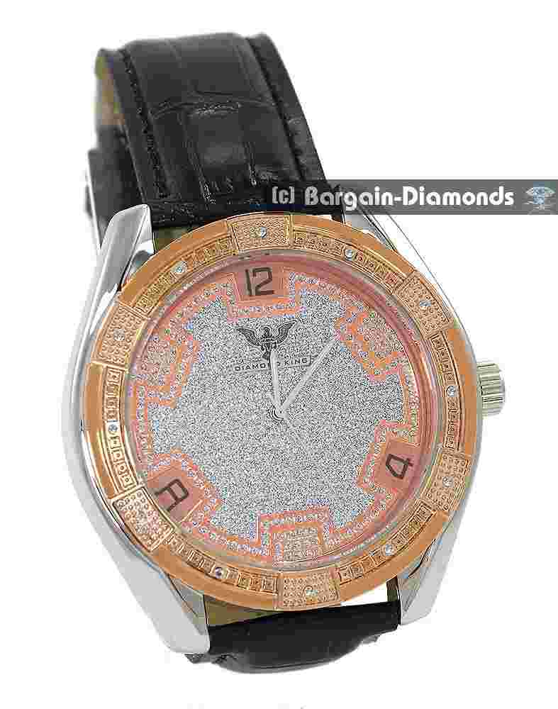 Mens Big Natural Diamond Silver Rose Clubbing Watch Silver Rose Dial 9" Strap