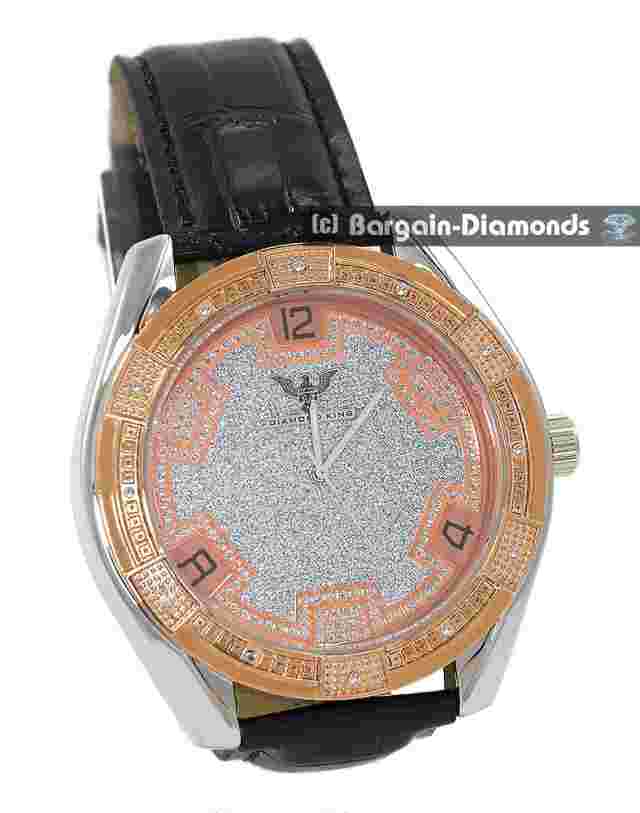 Mens Big Natural Diamond Silver Rose Clubbing Watch Silver Rose Dial 9" Strap