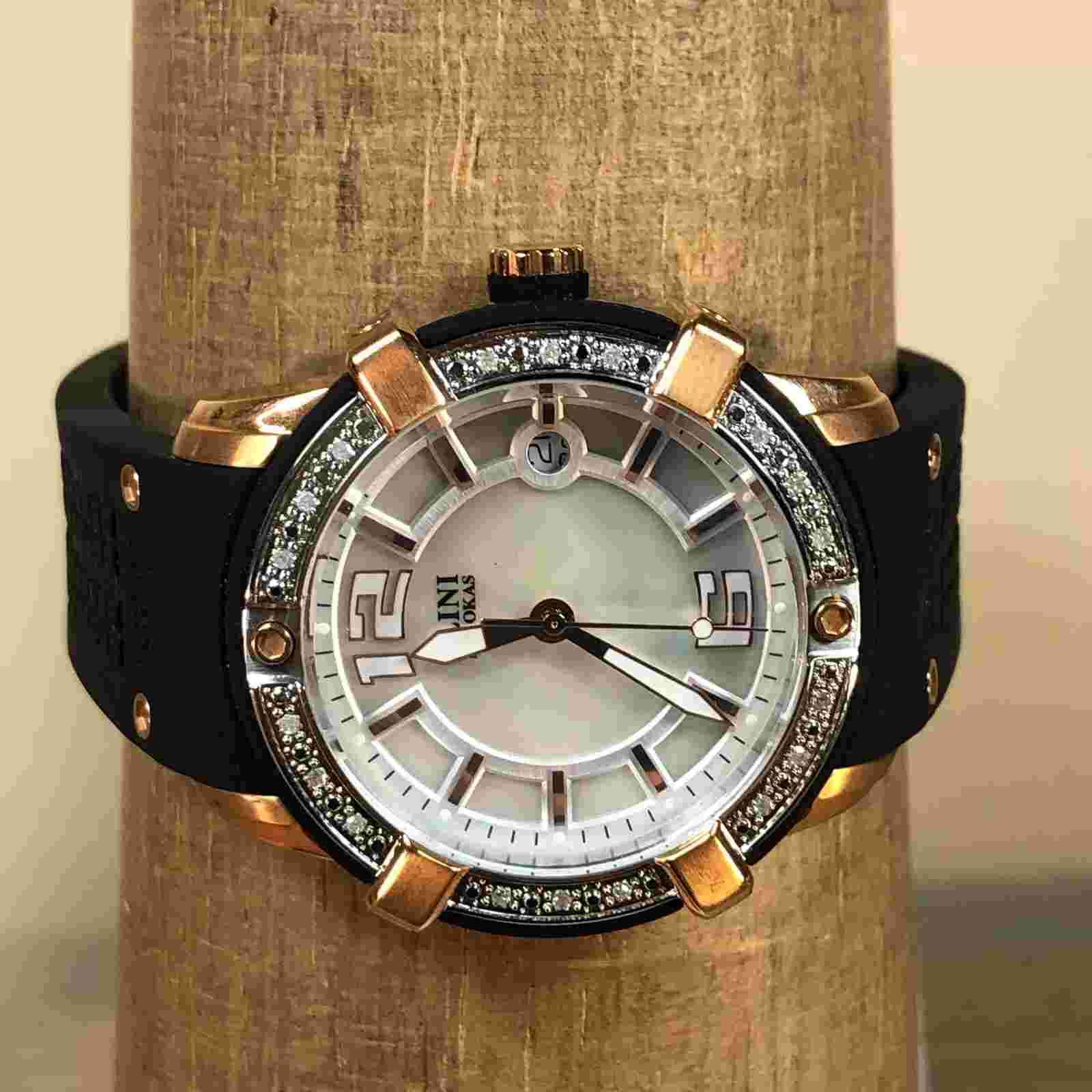Elini Barokas Rose Gold Tone Diamonds 39mm Black Silicone Band Watch 20005