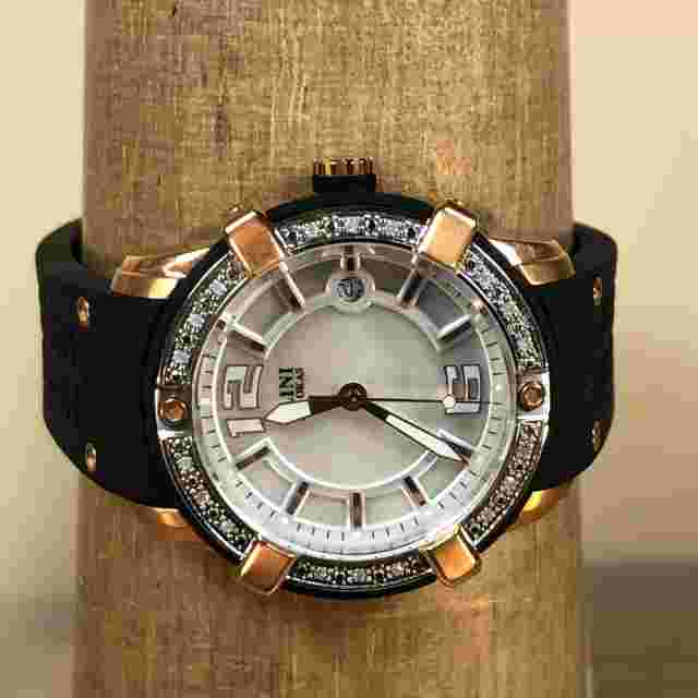 Elini Barokas Rose Gold Tone Diamonds 39mm Black Silicone Band Watch 20005