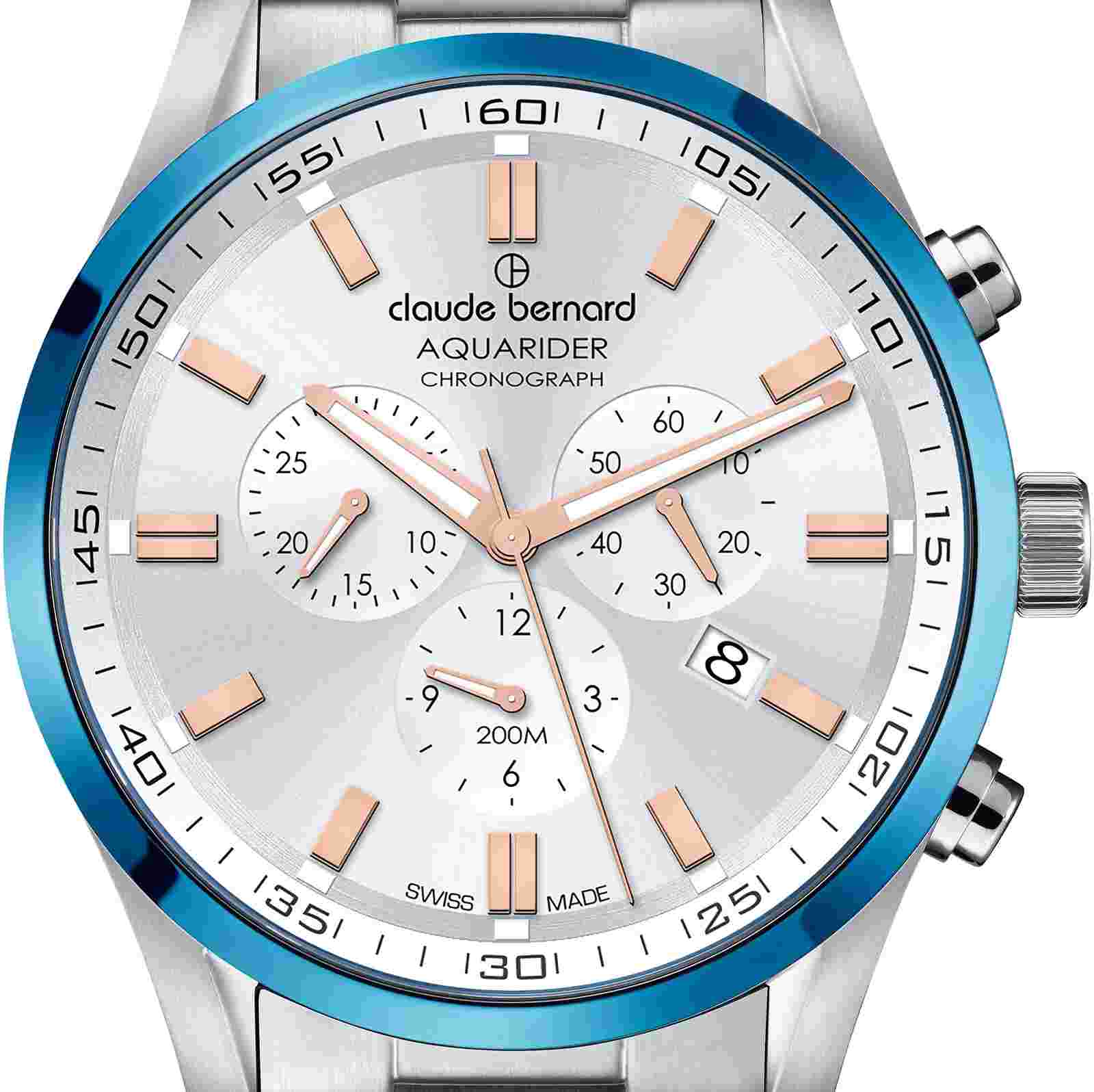 Claude Bernard 10222-3MBU-AIR Aquarider Chronograph silver blue Mens Watch NEW