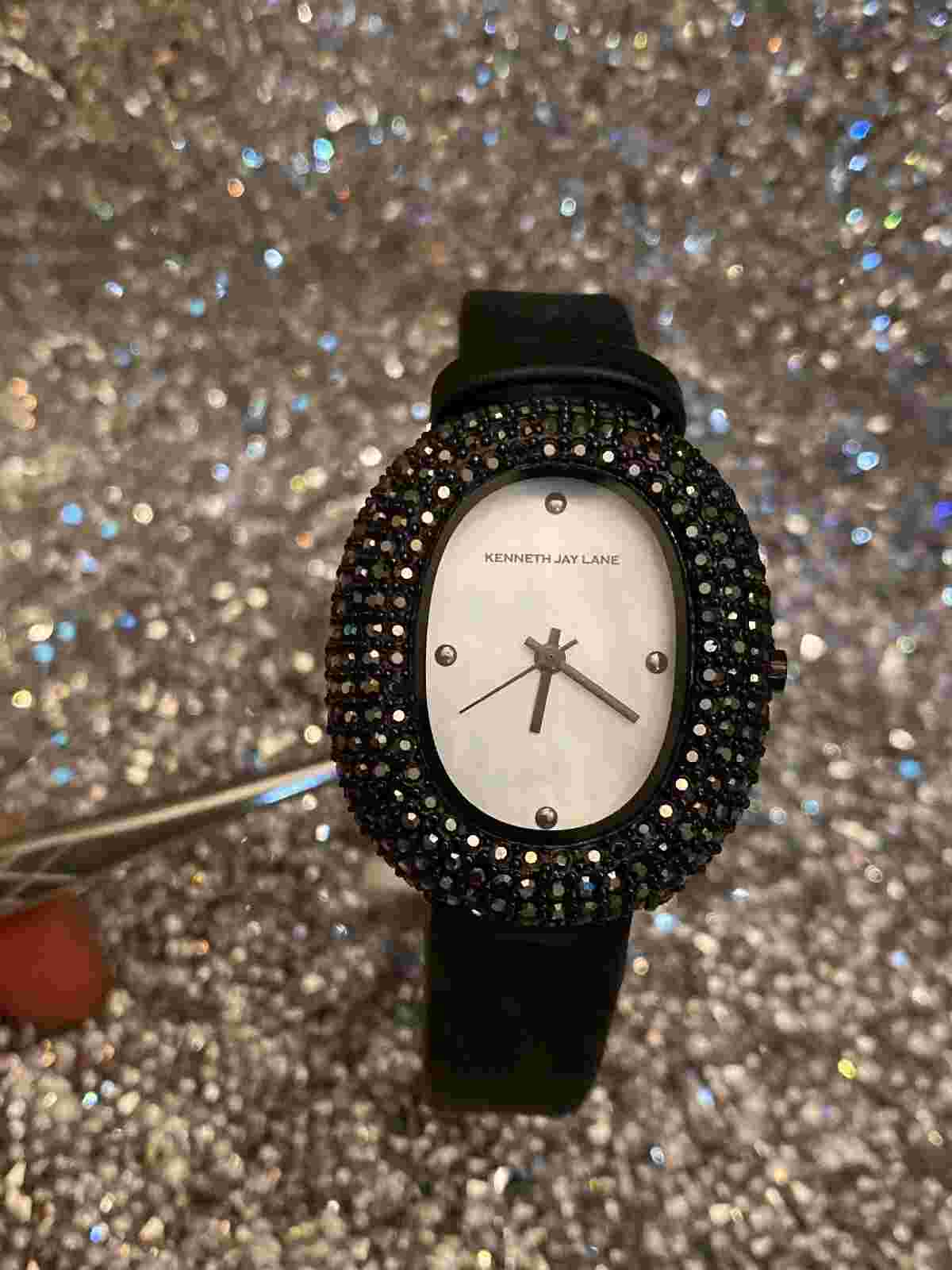 Kenneth Jay Lane KJL Ladies Crystal Studded Black Leather Watch