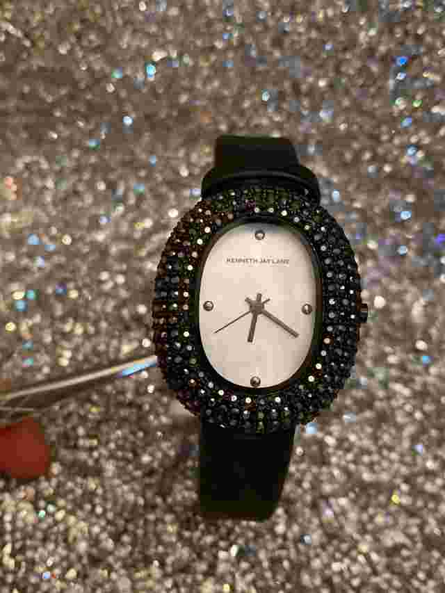 Kenneth Jay Lane KJL Ladies Crystal Studded Black Leather Watch