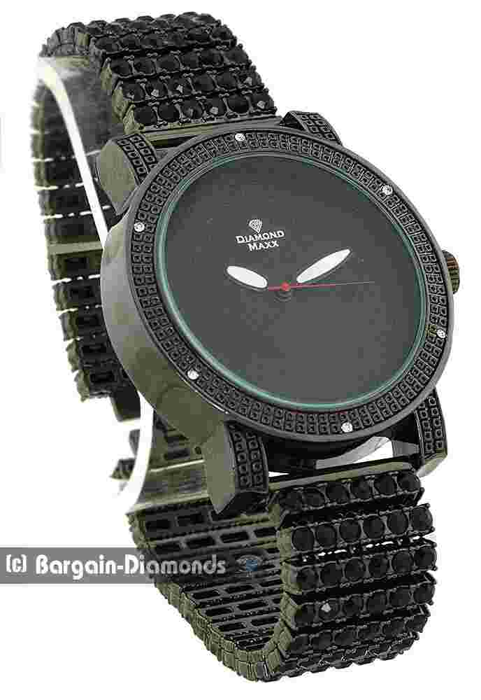 Mens 50 mm Black Clubbing Watch Leather Strap + 6 Row Black CZ 8.5" Bracelet